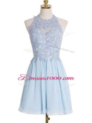 Sleeveless Chiffon Knee Length Lace Up Wedding Guest Dresses in Light Blue with Appliques