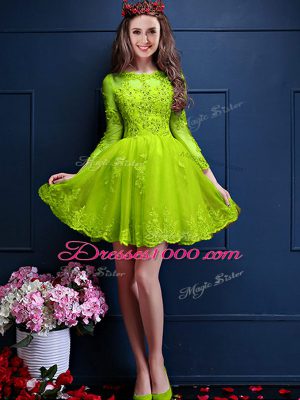 3 4 Length Sleeve Lace Up Mini Length Beading and Lace and Appliques Wedding Party Dress