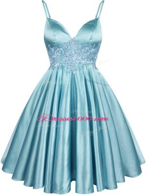 High End Aqua Blue Sleeveless Knee Length Lace Lace Up Wedding Guest Dresses