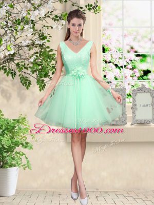 Tulle V-neck Sleeveless Lace Up Lace and Belt Dama Dress for Quinceanera in Apple Green
