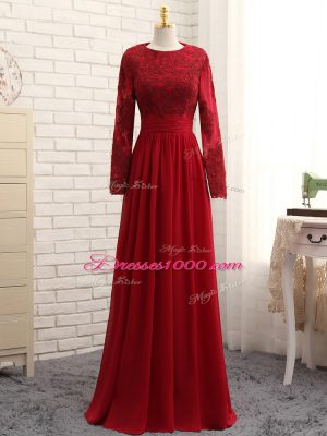 Noble Wine Red Long Sleeves Floor Length Lace and Appliques Zipper Mother of Bride Dresses