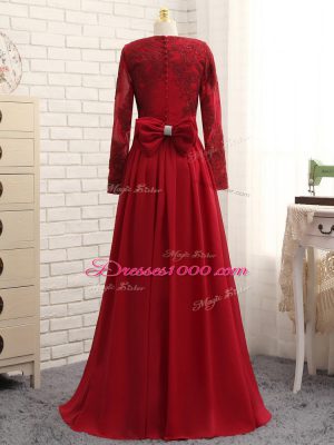 Noble Wine Red Long Sleeves Floor Length Lace and Appliques Zipper Mother of Bride Dresses