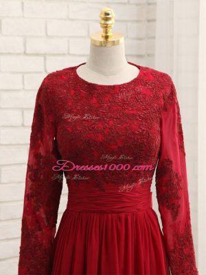 Noble Wine Red Long Sleeves Floor Length Lace and Appliques Zipper Mother of Bride Dresses