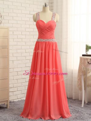 Flare Floor Length Criss Cross Evening Dress Watermelon Red for Prom and Party and Wedding Party with Beading and Ruching