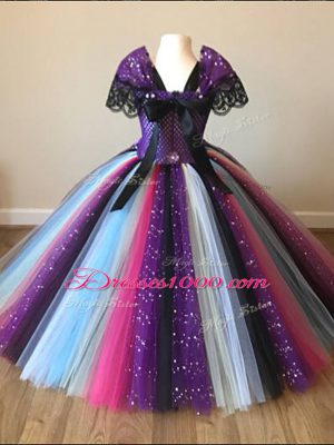 Floor Length Multi-color Party Dress for Girls Tulle Short Sleeves Sequins and Pattern