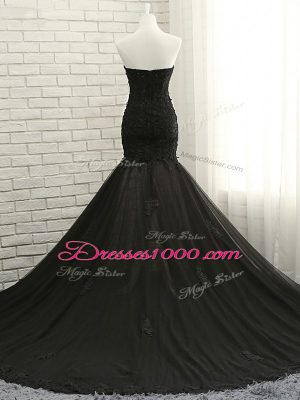 Fabulous Tulle Sweetheart Sleeveless Court Train Lace Up Lace and Appliques Dress for Prom in Black
