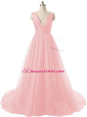 Custom Designed Baby Pink Prom Gown Prom and Party and Military Ball with Ruching V-neck Sleeveless Brush Train Zipper