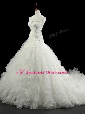 Luxury Sleeveless Court Train Beading and Ruffles Lace Up Wedding Dress