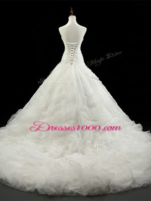 Luxury Sleeveless Court Train Beading and Ruffles Lace Up Wedding Dress