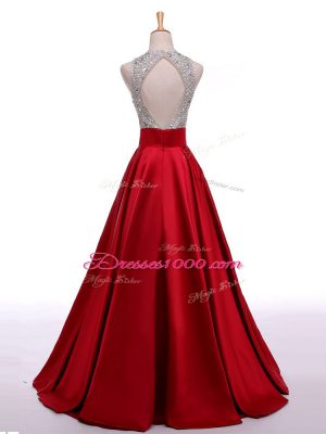 Enchanting Wine Red A-line Elastic Woven Satin Scoop Sleeveless Beading Backless