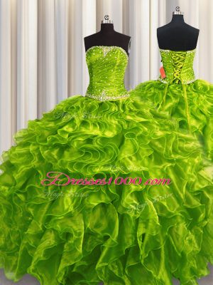 Strapless Sleeveless Lace Up Vestidos de Quinceanera Olive Green Organza