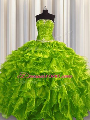 Strapless Sleeveless Lace Up Vestidos de Quinceanera Olive Green Organza