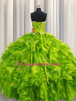 Strapless Sleeveless Lace Up Vestidos de Quinceanera Olive Green Organza