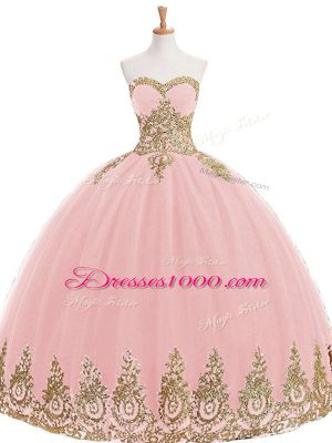 Fabulous Baby Pink Sleeveless Floor Length Appliques Lace Up Vestidos de Quinceanera