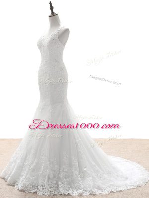 Lovely Sleeveless Beading and Lace and Appliques Zipper Wedding Dress with White Brush Train