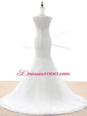 Lovely Sleeveless Beading and Lace and Appliques Zipper Wedding Dress with White Brush Train