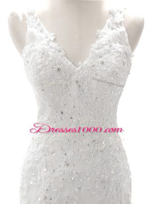 Lovely Sleeveless Beading and Lace and Appliques Zipper Wedding Dress with White Brush Train