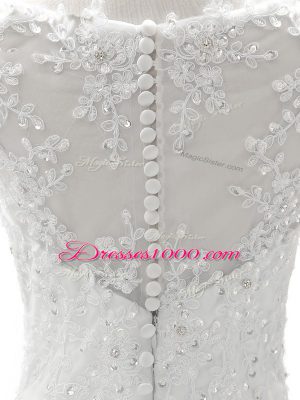 Lovely Sleeveless Beading and Lace and Appliques Zipper Wedding Dress with White Brush Train