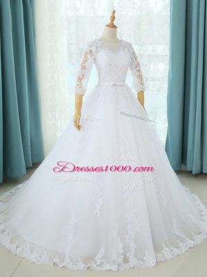 White Scoop Zipper Lace and Appliques Wedding Gowns Court Train Half Sleeves