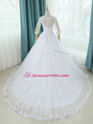 White Scoop Zipper Lace and Appliques Wedding Gowns Court Train Half Sleeves