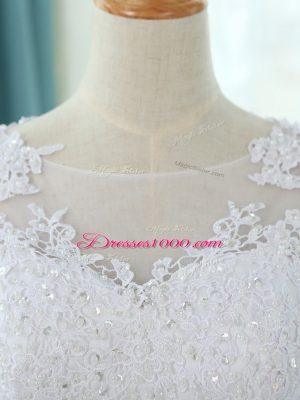 White Scoop Zipper Lace and Appliques Wedding Gowns Court Train Half Sleeves