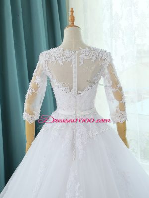 White Scoop Zipper Lace and Appliques Wedding Gowns Court Train Half Sleeves