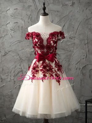 Hot Selling Champagne Lace Up Bridesmaid Dress Appliques and Bowknot Sleeveless Knee Length