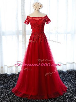 Perfect Floor Length Wine Red Prom Evening Gown Scalloped Short Sleeves Lace Up
