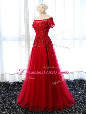 Perfect Floor Length Wine Red Prom Evening Gown Scalloped Short Sleeves Lace Up