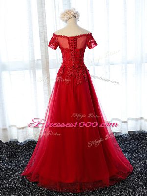 Perfect Floor Length Wine Red Prom Evening Gown Scalloped Short Sleeves Lace Up