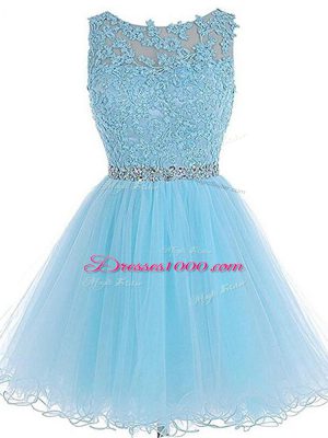 Best Selling Baby Blue A-line Tulle Scoop Sleeveless Beading and Lace and Appliques Mini Length Zipper Club Wear