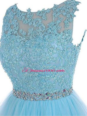 Best Selling Baby Blue A-line Tulle Scoop Sleeveless Beading and Lace and Appliques Mini Length Zipper Club Wear