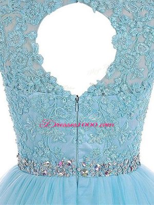 Best Selling Baby Blue A-line Tulle Scoop Sleeveless Beading and Lace and Appliques Mini Length Zipper Club Wear