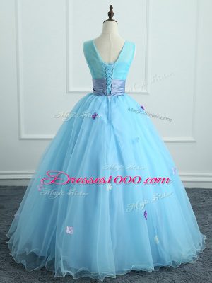 Light Blue Ball Gowns V-neck Sleeveless Organza Floor Length Lace Up Appliques and Belt Quinceanera Dress