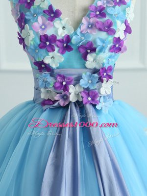 Light Blue Ball Gowns V-neck Sleeveless Organza Floor Length Lace Up Appliques and Belt Quinceanera Dress