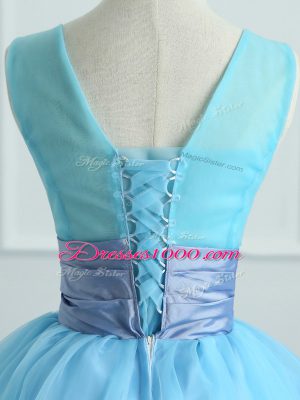 Light Blue Ball Gowns V-neck Sleeveless Organza Floor Length Lace Up Appliques and Belt Quinceanera Dress