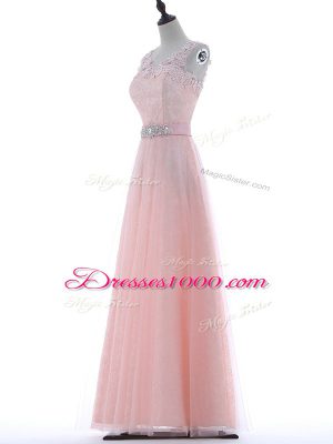 Baby Pink A-line Lace and Appliques Prom Party Dress Zipper Tulle Sleeveless Floor Length