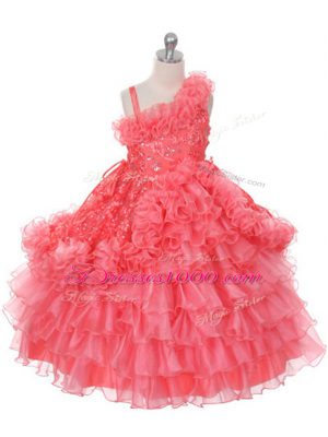 Modern Ball Gowns Little Girl Pageant Gowns Watermelon Red Asymmetric Organza Sleeveless Floor Length Lace Up
