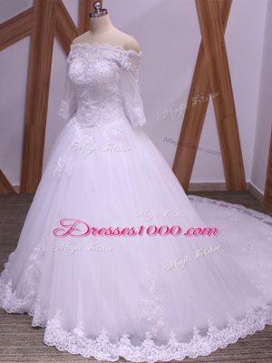 Delicate Half Sleeves Brush Train Lace Backless Wedding Gown