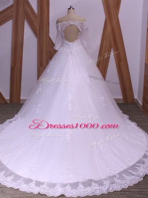 Delicate Half Sleeves Brush Train Lace Backless Wedding Gown