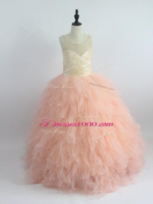 Customized Peach Ball Gowns Appliques and Ruffles Party Dress Wholesale Zipper Tulle Sleeveless Floor Length