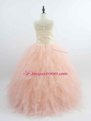 Customized Peach Ball Gowns Appliques and Ruffles Party Dress Wholesale Zipper Tulle Sleeveless Floor Length