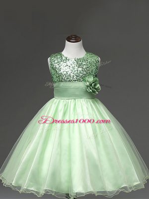 Stylish Apple Green Sleeveless Knee Length Sequins and Hand Made Flower Zipper Little Girl Pageant Dress
