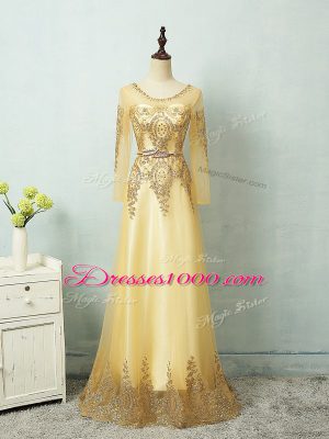 Vintage Beading and Appliques and Belt Prom Evening Gown Yellow Zipper Long Sleeves Floor Length