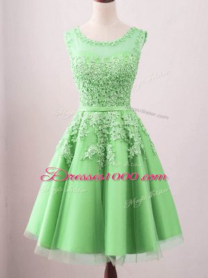 Gorgeous Green A-line Tulle Scoop Sleeveless Lace Knee Length Lace Up Bridesmaids Dress