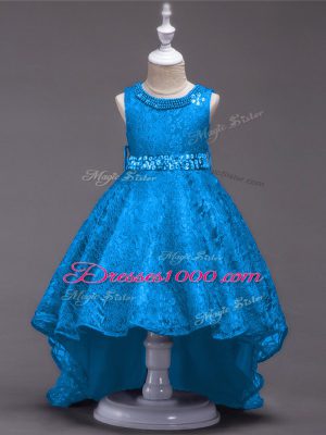 Blue Kids Formal Wear Wedding Party with Beading Scoop Sleeveless Lace Up