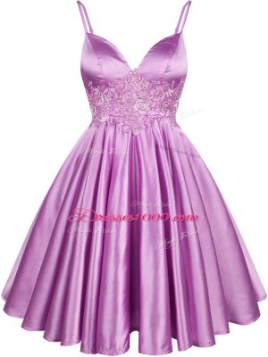 Lilac Elastic Woven Satin Lace Up Spaghetti Straps Sleeveless Knee Length Dama Dress for Quinceanera Lace