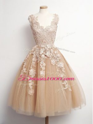 Brown Lace Up Court Dresses for Sweet 16 Appliques Sleeveless Knee Length