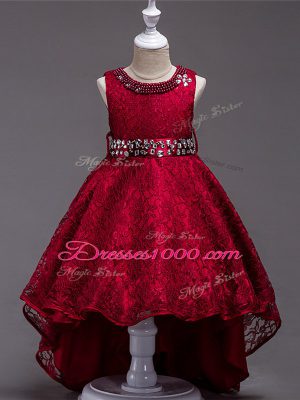 Wine Red Scoop Neckline Beading Little Girl Pageant Gowns Sleeveless Lace Up