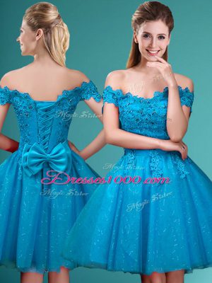 Hot Sale Aqua Blue Cap Sleeves Tulle Lace Up Quinceanera Court of Honor Dress for Prom and Party